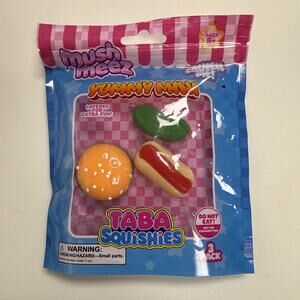 New! Mush Meez Taba Squishies Yummy Mini Burger, Hot Dog & Pickle 3 Piece Set